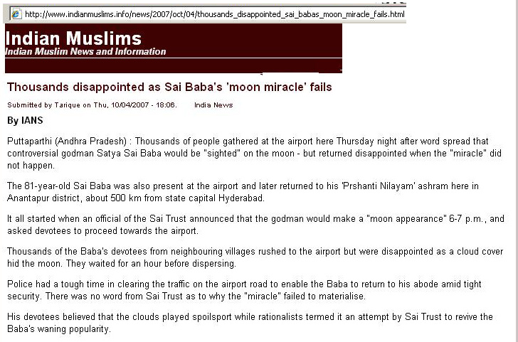 Indian Muslims - scane of report on Sai baba moon miracled which failed